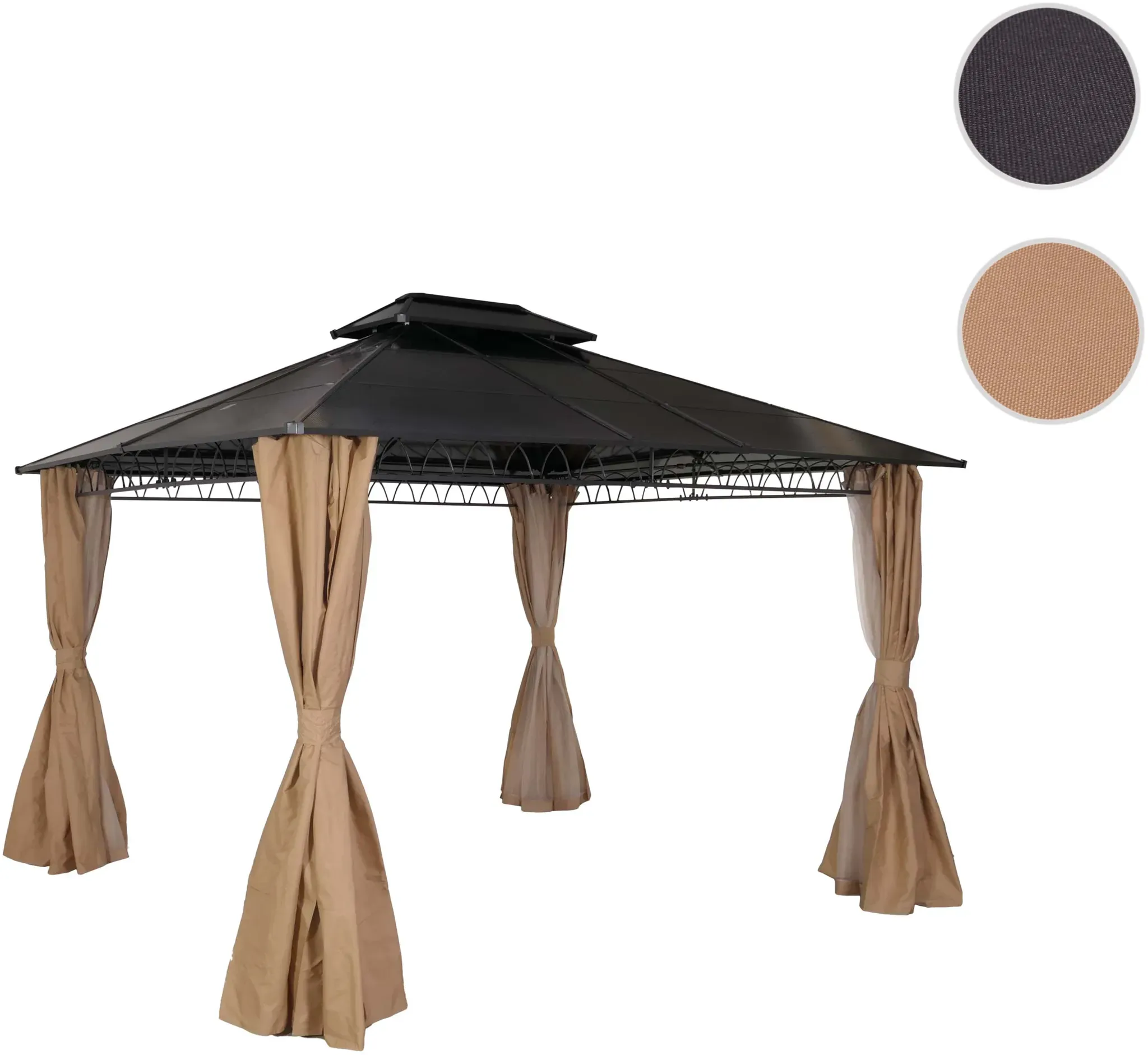 Hardtop Pergola HWC-M81, Pavillon, Aluminium Dachstreben 7cm-Stahlgestell mit Seitenwand und Moskitonetz 3,6x3m ~ creme