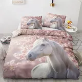 NIYAKA Pferd Bettwäsche 135x200 - Kirschblüten Bettbezug 2er Set mit 1 Kissenbezug 80x80 cm, Weich & Warme & Angenehm Mikrofaser Bettwäsche-Sets mit Reißverschluss