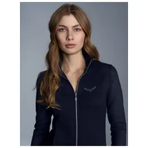 TRIGEMA Sweatjacke "TRIGEMA Jacke mit Kristallsteinen", Damen, Gr. S, blau (navy), Single Jersey, 95% Baumwolle, 5% Elastan, lang, ohne Ausschnitt, Sweatjacken Sweatjacke