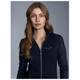 TRIGEMA Sweatjacke "TRIGEMA Jacke mit Kristallsteinen", Damen, Gr. S, blau (navy), Single Jersey, 95% Baumwolle, 5% Elastan, lang, ohne Ausschnitt, Sweatjacken Sweatjacke