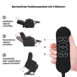 MCombo elektrische Aufstehhilfe Relaxsessel 7550, mit 3 Motoren getrennt verstellbar, Liegeposition bis 170°, verlängerte Fußstütze, Usb, fü... - Dunkelgrau