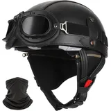 CZSBXBHD Deutsche Leder Motorrad Helm mit ECE, Jethelm Retro für Scooter, Chopper mit Sonnenblende und Schnellverschlussschnallen - Offener Stil, B, L 59~60CM