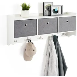Meerveil Mondeer Wandgarderobe mit Ablage, Garderobe mit 3 Körben und 5 Haken Holz Mode Stil für Eingang Flur Schlafzimmer Wohnzimmer, B98 x H40 x T22 cm, Weiß
