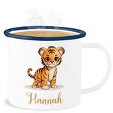 Emaille Becher Blechbecher - Tiger mit Namen - Zootiere Tiermotiv - 300 ml - Weiß Blau - tiger, tigermotiv tasse personalisierte name motiv personalisieren geschenke und