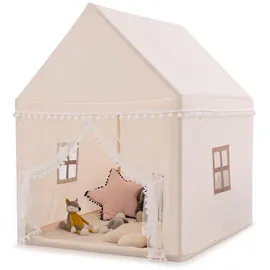 Costway Kinderspielhaus Kinderzelt, Kinderspielzelt für 3-4 Kinder mit Massivholzrahmen & Baumwolldecke 120x105x140cm Beige, Braun - Beige