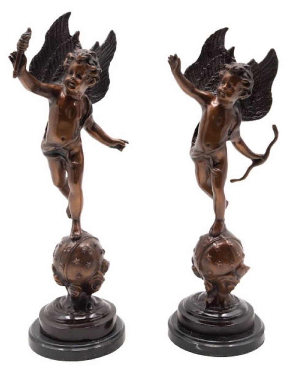 Casa Padrino Luxus Jugendstil Bronze Deko Skulpturen Set Engel 15 x 14 x H. 46 cm - Bronze Deko Figuren mit Marmorsockel - Schreibtisch Deko - Barock & Jugendstil Deko Accessoires