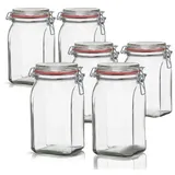 BigDean 6er Set Vorratsgläser 1,1L - Einmachgläser mit Deckel & Bügelverschluss - Made in Germany - Drahtbügelgläser zum luftdichten Aufbewahren, Einlegen & Einkochen - Glas, eckig