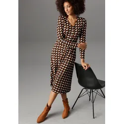 Jerseykleid ANISTON SELECTED, Damen, Gr. 42, N-Gr, schwarz (schwarz, zimt, beige), Jersey, Obermaterial: 95% Viskose, 5% Elasthan, gemustert, casual, figurbetont ca. Mitte Wade, V-Ausschnitt, Langarm, Kleider, mit Knopfleiste