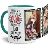 Tassendruck Fototasse mit Spruch - Mein Hund, Meine Welt - zum Selbst gestalten mit 2 Fotos für Hundebesitzer, Innen & Henkel Türkis, 300 ml