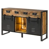 Massivmoebel24 Sideboard inkl. Beleuchtung Mango/Altholz natur lackiert/Metall grau Blackburn