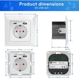 HB-Digital USB Steckdose Unterputz Schutzkontakt 1x USB-C 1x USB-A weiss