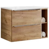 Lomadox Badezimmermöbel Waschtischunterschrank Set, Wotaneiche Hochglanz weiß, 2 Softclose-Auszüge, 1 Regal, B/h/t ca. 81/59,5/46 cm