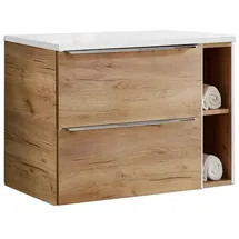 Lomadox Badezimmermöbel Waschtischunterschrank Set, Wotaneiche Hochglanz weiß, 2 Softclose-Auszüge, 1 Regal, B/h/t ca. 81/59,5/46 cm
