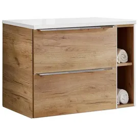 Lomadox Badezimmermöbel Waschtischunterschrank Set, Wotaneiche Hochglanz weiß, 2 Softclose-Auszüge, 1 Regal, B/h/t ca. 81/59,5/46 cm