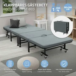 ECD Germany Gästebett Einzelbett Klappbett Metallbett Faltbett klappbar rollbar 90x200 cm