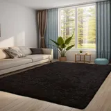 QUINZI Teppich 160x230 Wohnzimmer Schlafzimmer weicher zotteliger Teppich moderner Flauschiger Teppiche Rutschfester waschbarer Teppich (Schwarz)