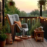MEUBLE Cosy Schaukelstuhl Garten, Relaxsessel für überdachte Terrasse und Balkon, Skandinavisches Design mit Holz und Metallfüßen, Stoff Nicht wasserdicht