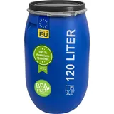 plasteo 120 Liter Weithalsfass mit Deckel Blau
