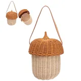 Tissting Schulter Crossbody Korbtasche 25cm Eichel Korbtasche Kleine Handgefertigter Rattan Aufbewahrungskorb mit Deckel, Wandbehang Deko Gewebte Korb Tasche für Kinder