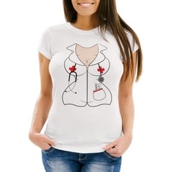 MoonWorks Print-Shirt Damen T-Shirt Krankenschwester Kostüm Verkleidung Fasching Karneval sexy Slim Fit Moonworks® mit Print weiß XS