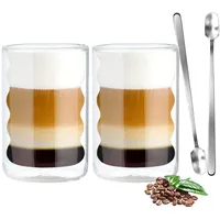 VITEVER Latte Macchiato Gläser 2er-Set, 400ml Doppelwandig Cappuccino Tassen aus Borosilikatglas, Kaffeeglas Teegläser für Cappuccino,Latte,Tee,EIS,Eistee,Iced Americano,Milch,Saft,Bier, 2 Löffel