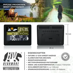 BEARWARE Funkwetterstation mit LCD Farbdisplay inkl. Außensensor & Wettervorhersage-Piktogramm