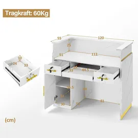 Barberpub Empfangstheke mit 3 Schubladen & 1 Schrank, Empfangstisch mit Beleuchtung, Abschließbar, Rezeptionstheke Kassentheke, R9759(Weiß-Gold) - Weiß/Gold