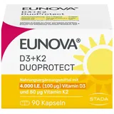 EUNOVA D3 + K2 DuoProtect 4000 I.E. - Hochdosiertes Vitamin D3 + K2 für starke Knochen & Immunsystem Ohne Gluten, Laktose & Konservierungsstoffe, Vegetarisch, 90 Kapseln