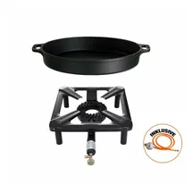 All'Grill Hockerkocher ohne Zündsicherung + Gusseisenpfanne 40 cm Ø Camping, Freizeit, Profiköche
