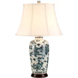Blaue traditionelle Tischlampe mit 1 Licht - Blau und Weiß mit cremefarbenem Schirm
