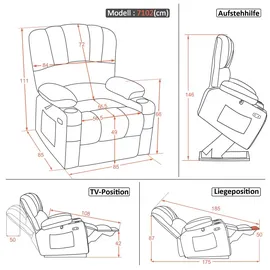 MCombo Relaxsessel 7102 Mikrofaser 70 x 100 x 80 cm Grau mit Aufstehhilfe & Liegefunktion