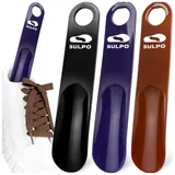 SULPO Schuhlöffel aus Kunststoff - Schuhanzieher Klein mit Lochung zum Aufhängen - Robuste Shoe Horn aus Plastik - Schuhlöffel Klein - 19 cm/Schwarz–Violett–Braun / 3 Stk.