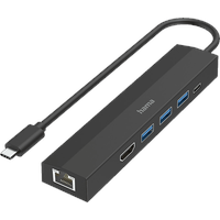 Hama 6 Ports (3x USB-A, USB-C, HDMITM, LAN) USB-C-Hub, Multiport, USB 3.2 Gen 1-Hub (USB 3.0) mit Schnellladeport, mit Stecker, Ultra HD-fähig Sc