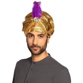 Boland 81015 - Turban Sultan Selim - Goldfarben, Perlenschmuck, Federn, weißer Schmuckstein, Stoffmütze, one size, Gummizug, Karneval, Fasching, Mottoparty, Verkleidung, Theater, Accessoire