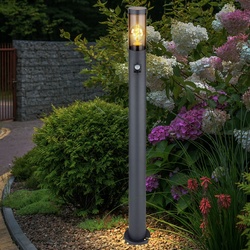Stehlampe Bewegungsmelder Pollerleuchte außen Gartenlampen anthrazit IP44, Standleuchte Terrasse Balkon, Edelstahl rauchfarben, 1x E27 Fassung, DxH 12,7x110cm
