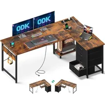 luxuskollektion Eckschreibtisch L Form mit Schubladen und Steckdosen, Vintage-Braun