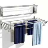 Wandmontierter Wäscheständer, Ausziehbarer Wäscheständer für die Wand,zusammenklappbarer Edelstahl-Handtuchhalter mit 7 Stangen,platzsparender Trockenständer für Waschraum,60x 52 x 18.5cm, Silber