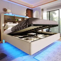 stilvora Polsterbett 140x200 cm mit LED-Lichtleiste und hydraulischem Stauraum, Doppelbett mit Staufächern und schwebendem Design, Jugendbett mit ... - Beige