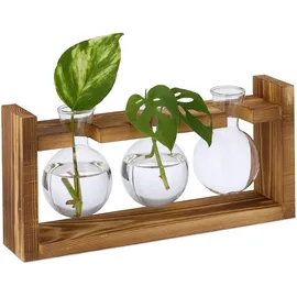 Relaxdays Reagenzglas Vase, runde Glasvasen mit Halterung, Blumen & Pflanzen, HxBxT: 13x28x6,5 cm, transparent/Natur,