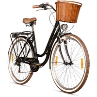 Bergsteiger Marseille 28 Zoll Damenfahrrad, ab 150 cm, Korb aus Rattan, Fahrrad-Licht, Damen-Citybike, Damenrad im Retro-Design«, 6 Gang Shimano Tourney Schaltung, Kettenschaltung