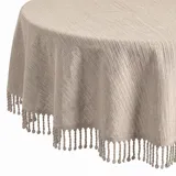 Tischdecke Outdoor Wetterfest, rutschfest & UV-Beständig in 7 Farben mit Fransen - Weichschaum PVC Tischdecke Abwaschbar & Waschbar bei 30°C - Gartentischdecke Oval 160x220 cm Beige