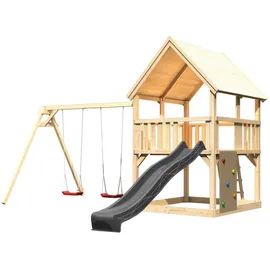 Karibu Kinderspielturm Luis mit Doppelschaukel, Kletterwand und Wellenrutsche Anthrazit