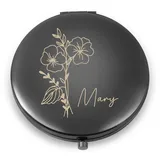 Giftider Personalisierter Schminkspiegel Vergrößerungsspiegel Reisespiegel mit gravierter Geburtstagsblume Taschenspiegel Hochzeitstag Valentinstag Frauen und Mädchen (Schwarz)