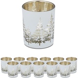 Relaxdays Teelichthalter im 12er Set, mit Tannenbaum-Motiv, HxD: 8,5 x 7 cm, Weihnachts-Windlicht aus Glas, weiß-gold