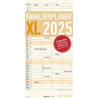 ALPHA EDITION GmbH & Co. KG Familienplaner XL 2025 mit 4 Spalten - Familien-Timer 22x45 cm - Offset-Papier - mit Ferienterminen - Wand-Planer - Familienkalender - Alpha Edition