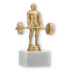Pokal Kunststofffigur Kraftdreikampf Kreuzheben goldmetallic auf weißem Marmorsockel 17,0cm