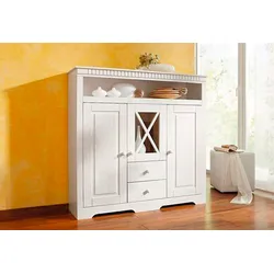 Highboard HOME AFFAIRE "Lisa", weiß, B:130cm H:125cm T:35cm, Massivholz, Sideboards, Stauraumschrank aus massivem Kiefernholz, mit dekorativen Fräsungen