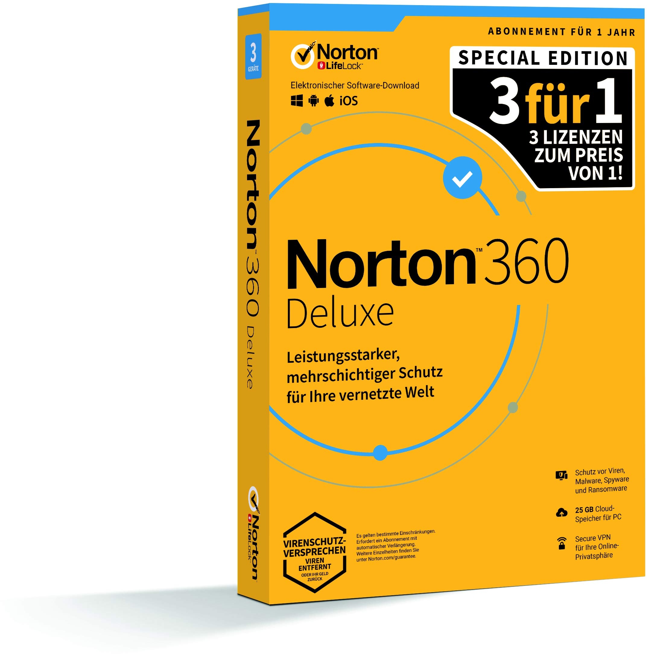 NortonLifeLock 360 Deluxe 25GB 1User 3Device 12MO GEN 3FOR1 P.|Deluxe|3 Geräte|1 Jahr|PC|Download|Download