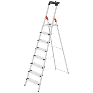 Hailo Stehleiter L80 ComfortLine, 3 bis 8 extra tiefe Stufen, flexible Ablageschale (Set), Rutschfester Steckfuß, Stahl-Plattform, parallele Holme