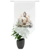 HOME WOHNIDEEN Fensterbehang Zayra, Voile Digitaldruck mit Budda, transparent, Dreiecksabschluss, Farbe:Natur, Größe:100 x 90 cm, Anzahl:1x